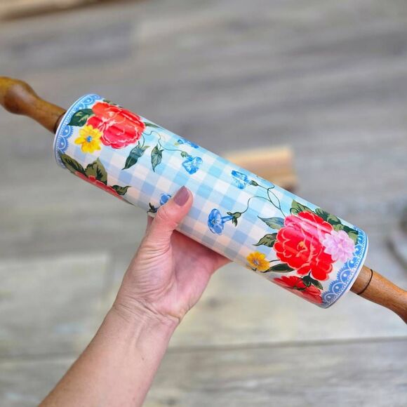 The Pioneer Woman Sweet Rose Ceramic Rolling Pin blue white check w/ floral rare - Picture 9 of 12